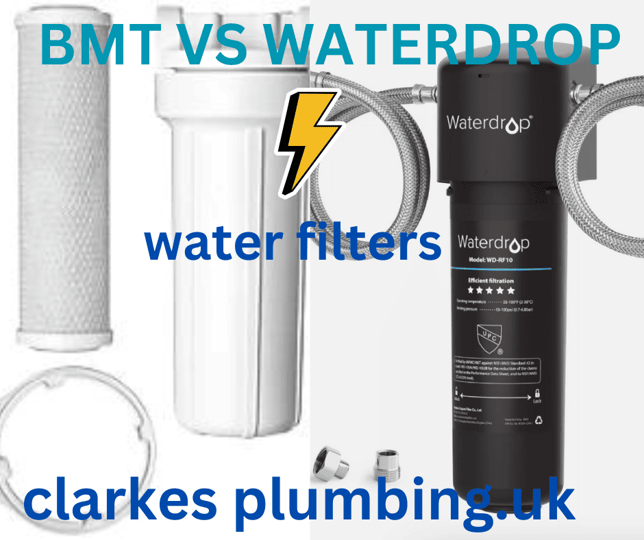 Comparison between BMT and Waterdrop water filter systems with Clarke's Plumbing logo.