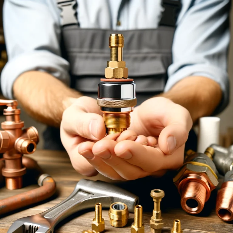 Close-up view of a new tap cartridge held by a Clarkes Plumbing professional, with brass and copper fittings in the background.