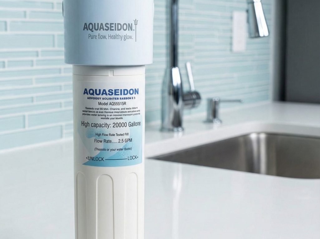 Aquaseidon water filter by a kitchen sink